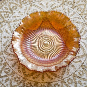 Carnival glass bowl, Vintage iridescent, orange, glass candy dish with ruffled rim, orange glass. collectable glass pressed glass,