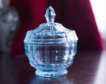 Small  Vintage Light Blue Butter Glass, sugar bowl, Jar Pot With Lid Decorative Collectible blue,  turquoise candy dish