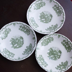 15 cm (6 &quot;) Set mit 3 Untertassen / Beilagentellern, Masons Ironstone &#39;Fruit Korb&#39; Muster grün und weiß Transferware, Vintage, made in England,