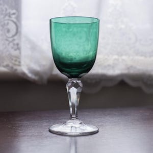 Antique Green and Clear Wine Glass with a Faceted Stem & Polished Pontil, hand blown glass, made in England