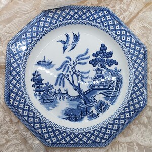 May include: An octagonal ceramic plate featuring a blue and white willow pattern. The design includes a central scene with a bridge, a willow tree, pagodas, a boat, and two birds in flight. The border has a geometric lattice pattern in blue and white.