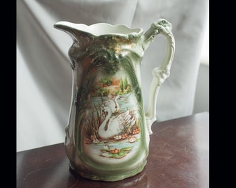 Antique English Victorian vase pitcher, 2 swans on the leak transfer pattern, green pitcher, house decoration, Victorian Ceramic Pitcher