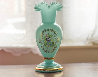 Antique turquoise green Art Nouveau glass flower vase with scalloped edge with colourful floral hand painting
