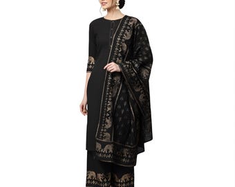 Completo da donna nero Kurta Palazzo con dupatta stampata a mano