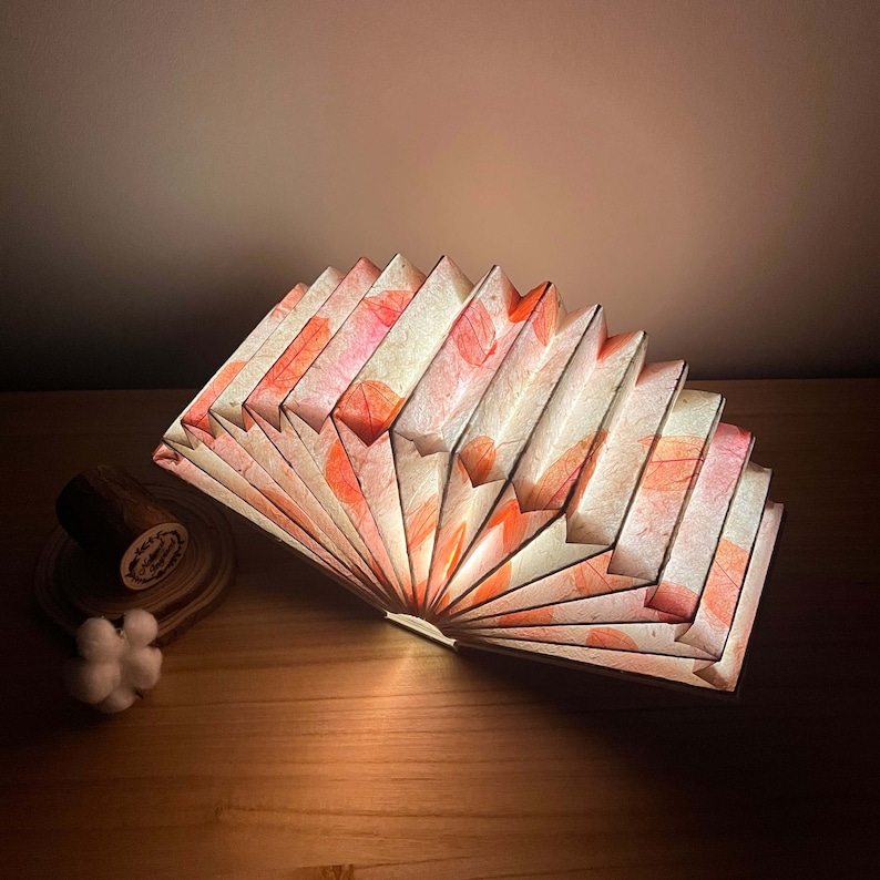 May include: A white and pink paper lamp with a fan-like design. The lamp is lit and casting a warm glow.