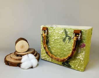 Exquisitely Crafted Grass Green Small Tote with Pressed Flower Details and Bamboo Handle- Perfectly Compact and Elegant Gift