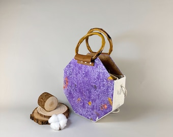 Purple Patchwork Handmade Tote with Bamboo Handle - Unique and Eco-Friendly Gift for Her in Summer