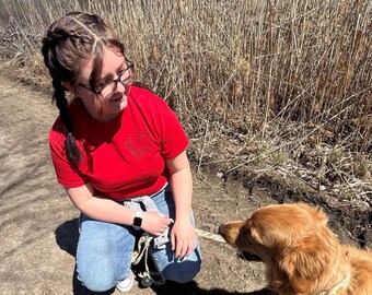 Red Hand Embroidered Golden Retriever T-Shirt