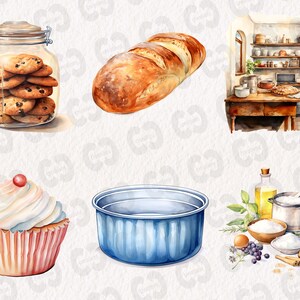 K&ouml;nnte beinhalten: Eine Aquarell-Illustration von Backzutaten und -utensilien. Ein Glasgef&auml;&szlig; gef&uuml;llt mit Schokoladenkekse, ein Brotlaib, ein Cupcake mit wei&szlig;er Zuckerglasur, eine blaue Backform und eine Sch&uuml;ssel Zucker mit Zimtstangen und anderen Gew&uuml;rzen.