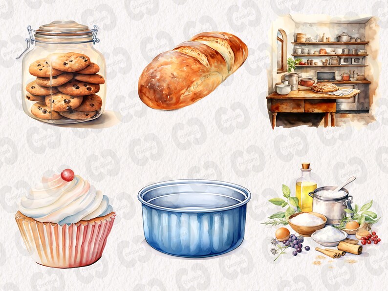 K&ouml;nnte beinhalten: Eine Aquarell-Illustration von Backzutaten und -utensilien. Ein Glasgef&auml;&szlig; gef&uuml;llt mit Schokoladenkekse, ein Brotlaib, ein Cupcake mit wei&szlig;er Zuckerglasur, eine blaue Backform und eine Sch&uuml;ssel Zucker mit Zimtstangen und anderen Gew&uuml;rzen.