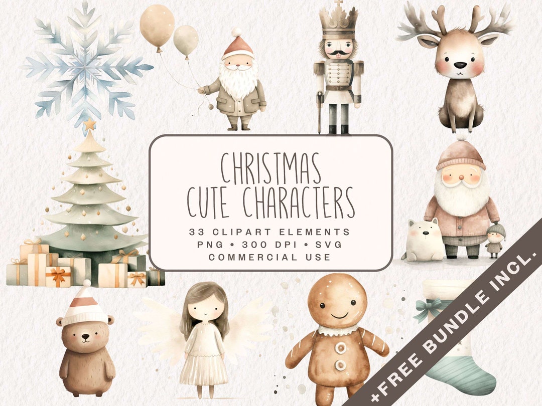 Cute Christmas Characters Clipart, Watercolor Xmas Clip Art PNG & SVG