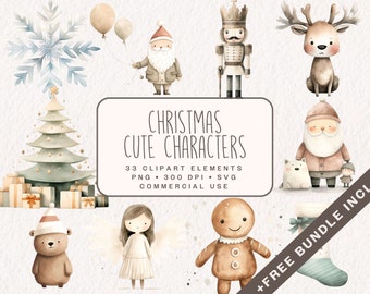 Cute Christmas Characters Clipart, Watercolor Xmas clip art PNG & SVG Bundle, Santa Claus, Reindeer, Snowman, Gingerbread for Commercial Use