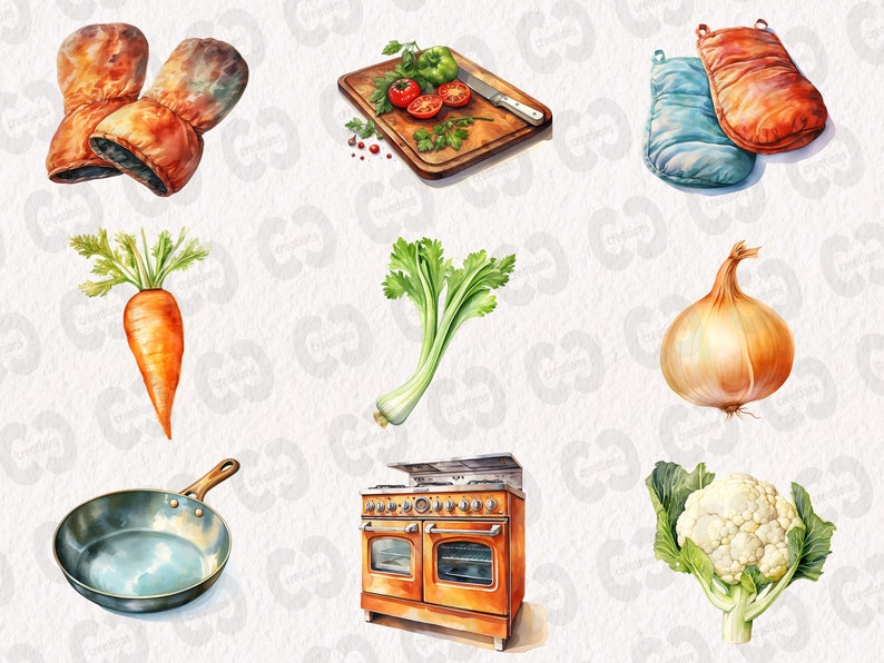 May include: A watercolor illustration of kitchen items, including a red and blue oven mitt, a wooden cutting board with tomatoes, peppers, and parsley, a carrot, celery, an onion, a frying pan, a double oven, and a cauliflower.