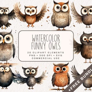 Aquarell lustige Eulen Clipart Bundle, niedliche Vogel Grafiken in PNG und SVG, Kinderzimmer Baby Eulen für Babyparty, kommerzielle Nutzung