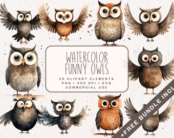 Watercolor Funny Owls Clipart Bundle, Cute Bird Graphics in PNG and SVG, Nursery Baby Owls For Baby Shower, Commercial Use
