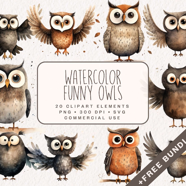 Watercolor Funny Owls Clipart Bundle, Cute Bird Graphics in PNG and SVG, Nursery Baby Owls For Baby Shower, Commercial Use