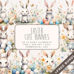 Niedliche Osterhasen Clipart, Aquarell Pastell Osterhase PNG, Floral Grafiken im SVG-Format, Osterei Illustrationen für den kommerziellen Gebrauch
