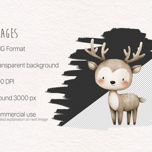 May include: A cute cartoon illustration of a brown deer with white spots and large, brown eyes. The deer has large, brown antlers and a friendly smile. The background is transparent.