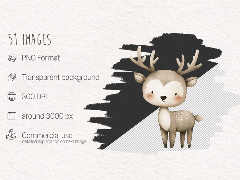 May include: A cute cartoon illustration of a brown deer with white spots and large, brown eyes. The deer has large, brown antlers and a friendly smile. The background is transparent.