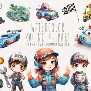 Aquarel schattig racen clipartbundel, racewagenafbeeldingen in png- en SVG-indeling, kleine jongens en meisjes verjaardag illustratie voor commercieel gebruik