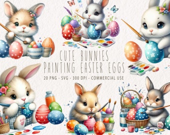 Cute Painting Easter Bunnies Clipart, Watercolor Easter bunny with easter egg Graphics in PNG and SVG for commecial use as instant download