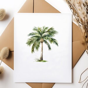 May include: A watercolor painting of a palm tree with green leaves and a brown trunk. The tree is set against a white background.
