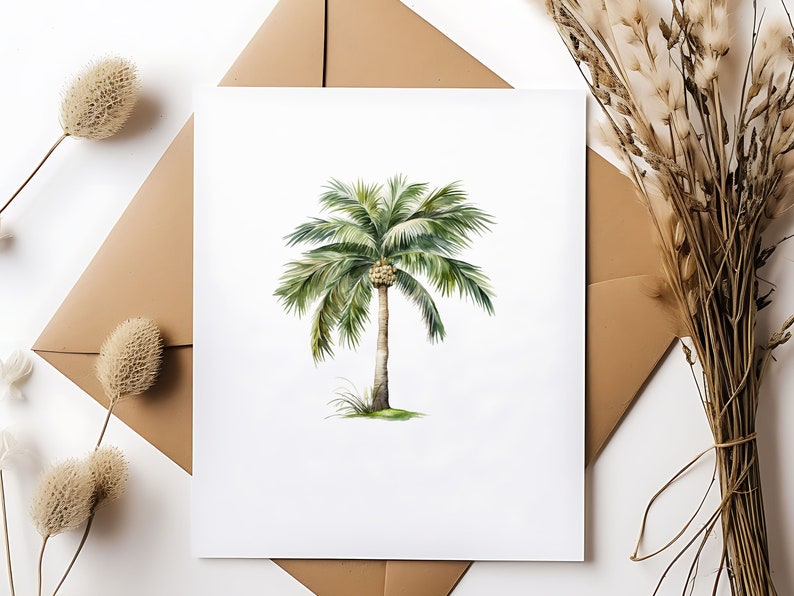 May include: A watercolor painting of a palm tree with green leaves and a brown trunk. The tree is set against a white background.