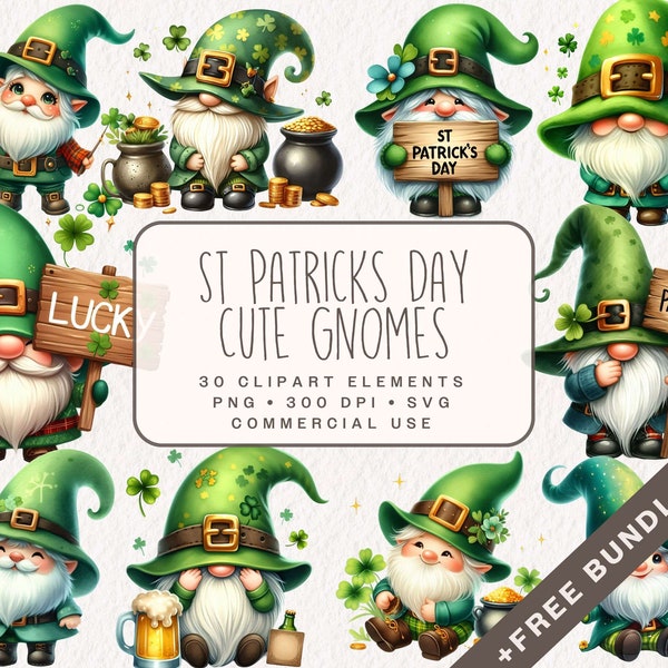 St. Patrick's Day Gnomes Clipart, Cute Gnomes in PNG and SVG Format, Green Illustrations for commercial use, Junk Journal, Digital Download