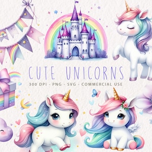 Lindo paquete de imágenes prediseñadas de unicornio, imágenes prediseñadas de unicornios de acuarela, PNG de unicornio arco iris, SVG de unicornio, gráficos de unicornio, ilustración de cumpleaños de unicornio