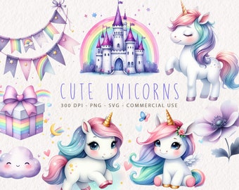 Cute Unicorn Clipart Bundle, Watercolor Unicorns Clip Art, Rainbow Unicorn PNG, Unicorn SVG, Unicorn Graphics, Unicorn Birthday Illustration