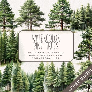 Pacchetto clipart acquerello alberi di pino, grafica boschiva in formato PNG e SVG, illustrazioni forestali per Junk Journal con uso commerciale