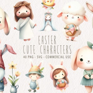 Lindos personajes de Pascua Clipart, acuarela clip art de Pascua PNG paquete, SVG Conejito de Pascua, Jesús, Gnomo, Cordero, Polluelo, Niño, Niña Uso Comercial