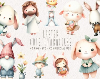 Cute Easter Characters Clipart, Watercolor Easter clip art PNG Bundle, SVG Easter Bunny, Jesus, Gnome, Lamb, Chick, Boy, Girl Commercial Use
