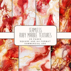 Ruby Marble digitaal papier, rood en goud naadloos patroon, Afdrukbare achtergronden voor junkjournalpapier, Digitale inktstructuren