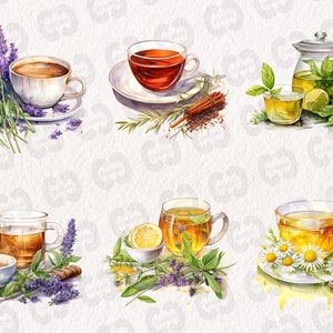 May include: Six watercolor illustrations of different types of tea. The first shows a cup of lavender tea with lavender flowers. The second shows a cup of black tea with cinnamon sticks and cloves. The third shows a teapot and a cup of green tea with lemon and mint. The fourth shows a cup of chamomile tea with chamomile flowers. The fifth shows a cup of herbal tea with lavender flowers. The sixth shows a cup of herbal tea with lemon and mint.