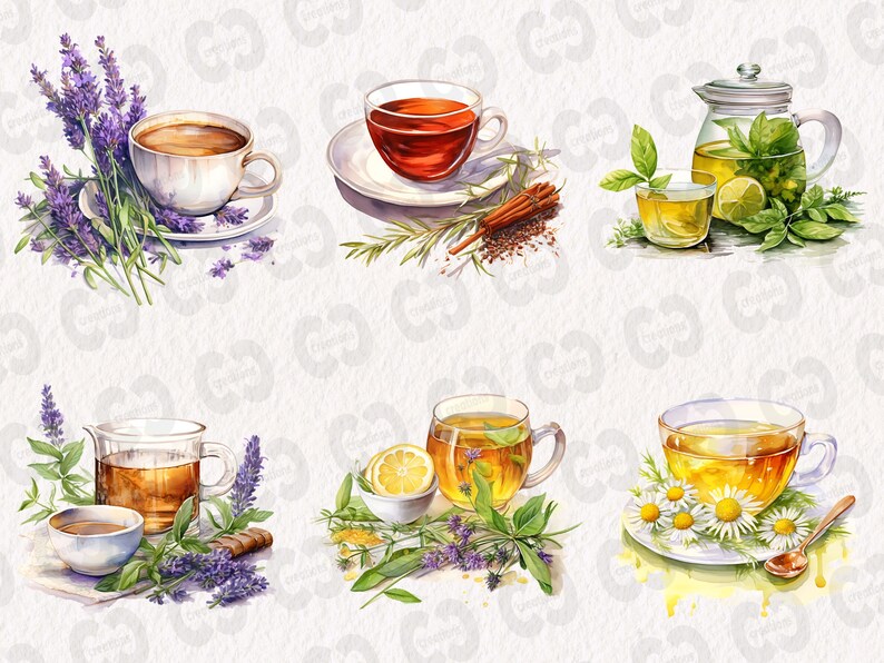 May include: Six watercolor illustrations of different types of tea. The first shows a cup of lavender tea with lavender flowers. The second shows a cup of black tea with cinnamon sticks and cloves. The third shows a teapot and a cup of green tea with lemon and mint. The fourth shows a cup of chamomile tea with chamomile flowers. The fifth shows a cup of herbal tea with lavender flowers. The sixth shows a cup of herbal tea with lemon and mint.