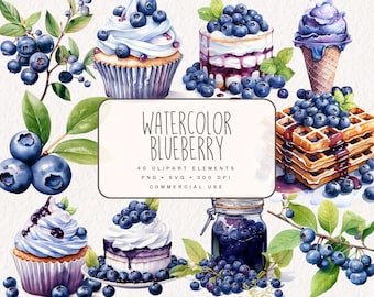 Watercolor Blueberry Clipart Bundle, Cute Food Graphics in PNG and SVG, Digital Blueberries illustrations for commercial use