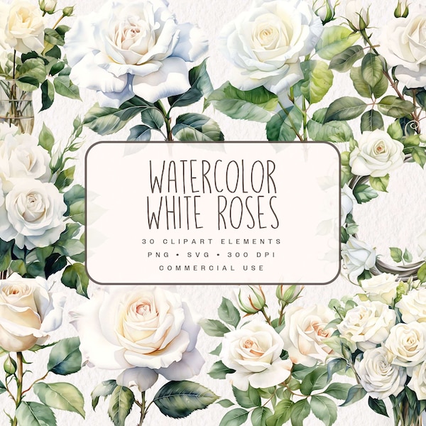 Aquarell weiße Rosen Clipart, Rosen-Blumen-Grafiken, digitale Blumenkranz-Illustrationen in PNG und SVG für Papierhandwerk, kommerzielle Nutzung