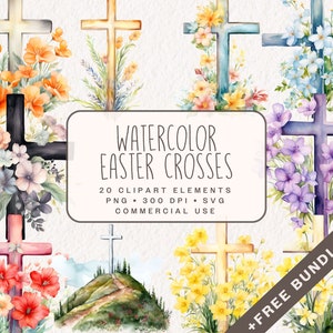 Aquarell Osterkreuz Clipart, Blumen Ostergrafik in PNG und SVG, Pastell blühende Junk Journal Illustrationen für kommerzielle Nutzung