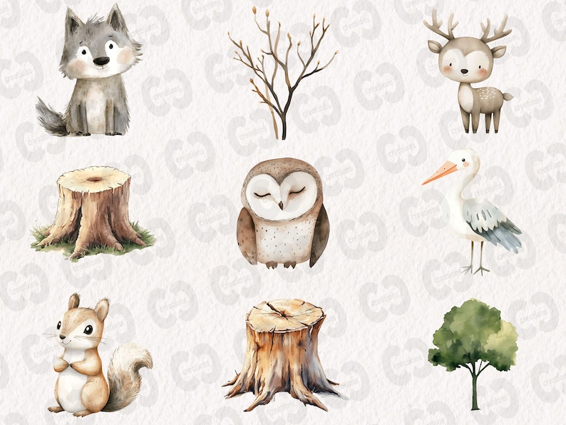 May include: A set of watercolor illustrations featuring woodland creatures and trees. The illustrations include a wolf, a deer, an owl, a squirrel, a tree stump, a tree, and a stork.