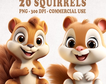 Cute Squirrel Clipart Bundle, clip art Set of 20 High Quality PNGs, Happy Squirrels, squirrel PNG, Instant Download, Commercial use