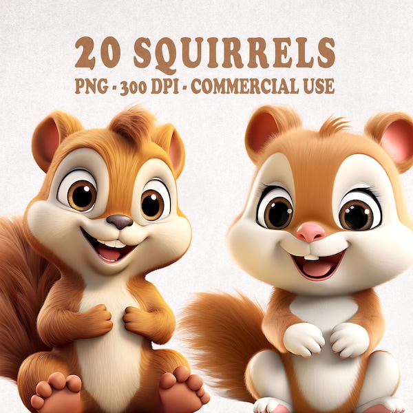 Pacchetto di clipart scoiattolo carino, set di clip art di 20 PNG di alta qualità, scoiattoli felici, scoiattolo PNG, download istantaneo, uso commerciale