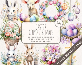 Watercolor Easter Clipart Bundle, PNG & SVG Easter Graphics, Cute Bunny Eggs Basket Rabbit Lamb for commercial use Instant Download