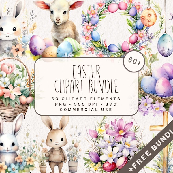 Watercolor Easter Clipart Bundle, PNG & SVG Easter Graphics, Cute Bunny Eggs Basket Rabbit Lamb for commercial use Instant Download