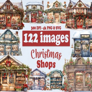 Christmas Shop Clipart Bundle, Cozy Xmas Shops Grafiken in PNG und SVG Format, Winter Store Illustrationen für Scrap Buchungen, Papiermodelle