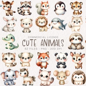 Aquarell süße Tiere Clipart, süßes Tier PNG-Bundle, Aquarell Tiere, Baby-Tiere Clipart-Set, druckbare Tiere, süße Kinderzimmer Kunst