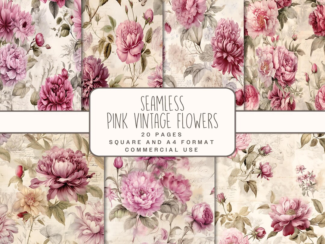 Seamless Pink Vintage Flower Digital Paper, Printable Junk Journal ...
