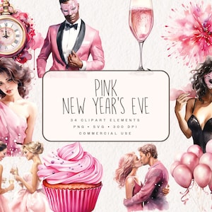 Happy New Year Clipart Bundle, 2024 Pink New Year's Eve Party Graphics in PNG and SVG, Food, Firework Illustrations for card making