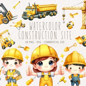Bundle de clipart construction aquarelle, bulldozer de véhicule, excavatrice, camion, graphiques PNG et SVG, impression numérique pour chambre d'enfant, usage commercial