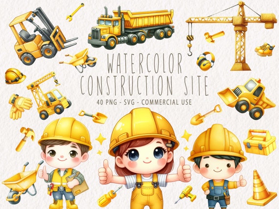 Watercolor Construction Clipart Bundle, Vehicle Bulldozer, Excavator, Truck PNG & SVG Graphics, Nursery Digital Printables, Commercial use